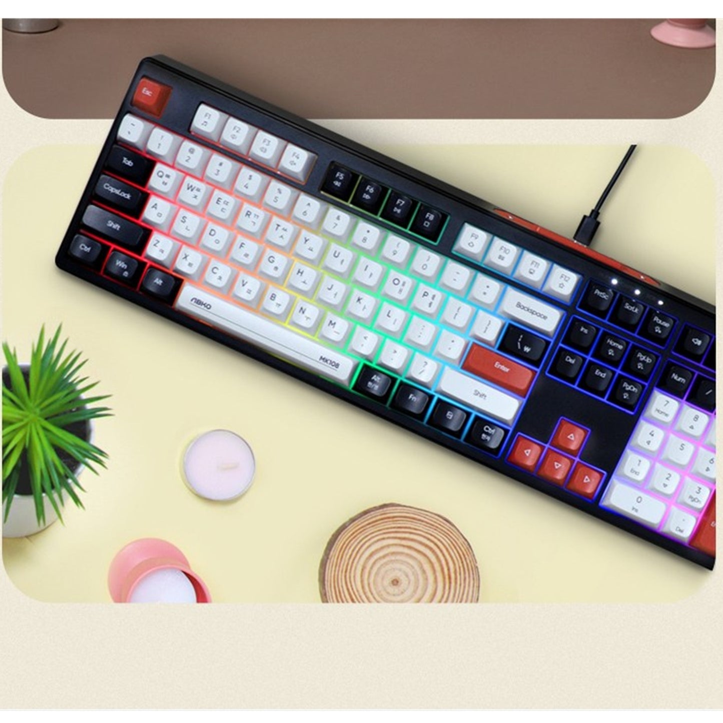 ABKO 韓国語 ゲーミングキーボード メンブレン 有線 108キー LEDバックライト付き スタイリッシュデザイン (ブラック)