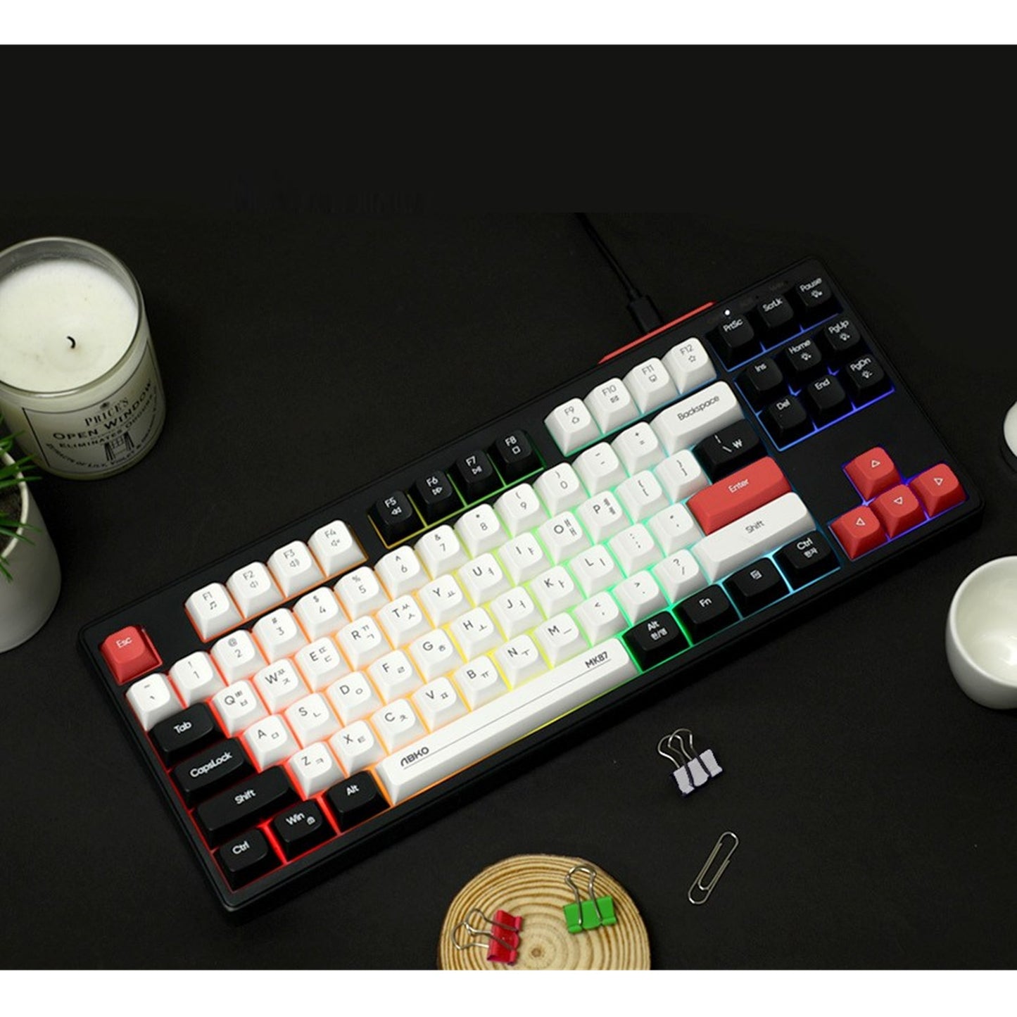 Abko 韓国語キーボード LEDバックライト テンキーレス メンブレン USB有線 ゲーミング&オフィス (ブラック)