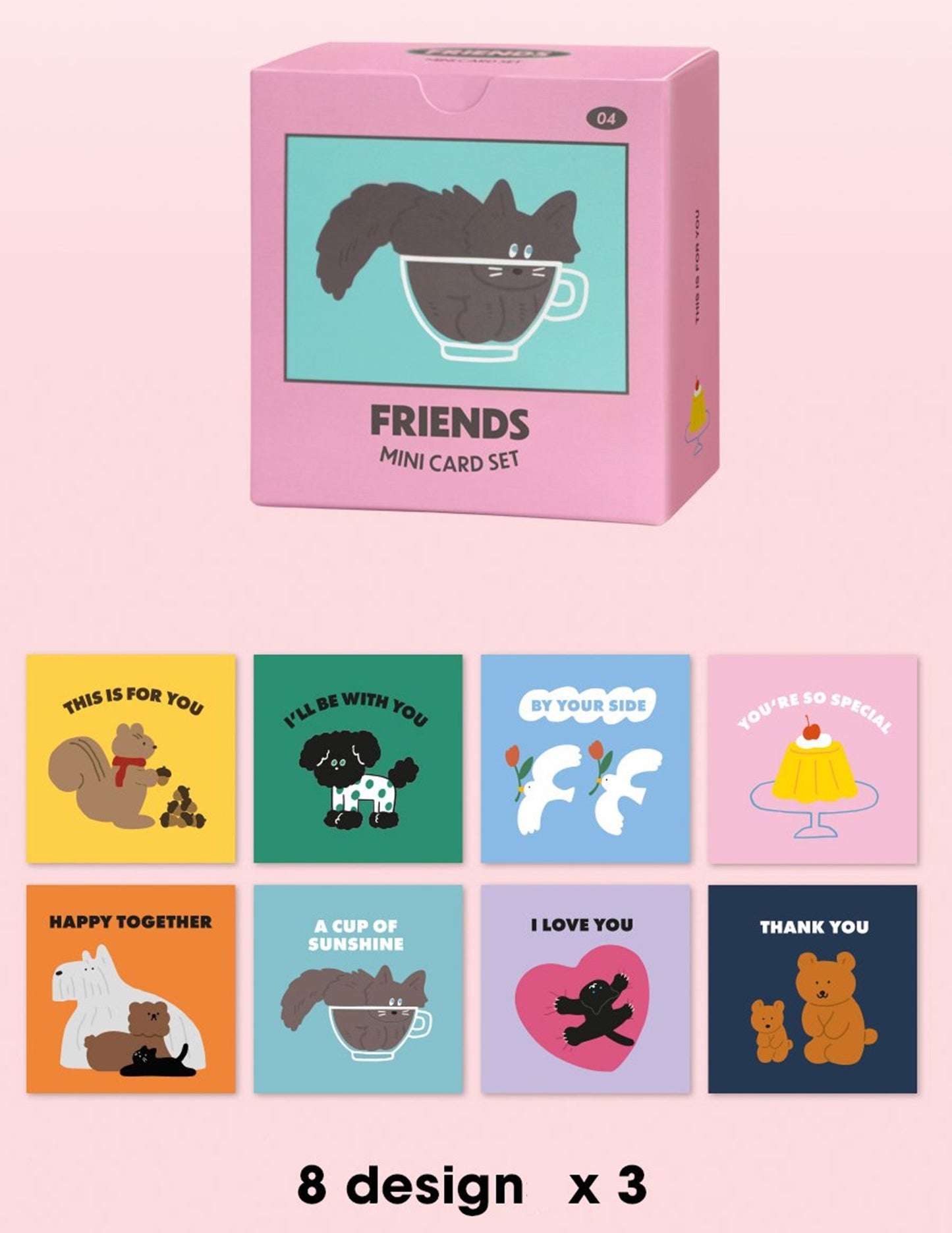 アイコニック 韓国 ミニカードレター&封筒セット 動物フレンズ キャラクター入り 可愛いギフト用 レターカード&イエロー封筒 24枚セット 文房具