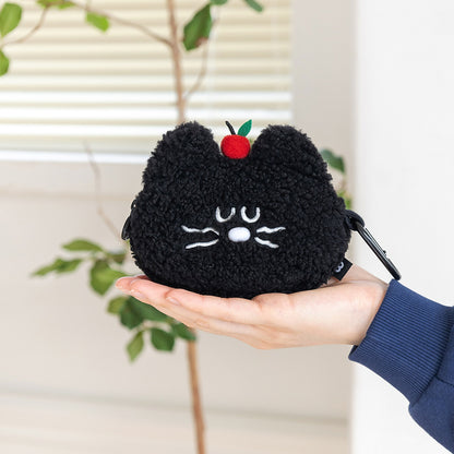 ブランチブラザー 韓国猫キャラクター カードケース ふわふわブークレ素材 猫デザイン 小さなりんご付き 可愛いコンパクト財布