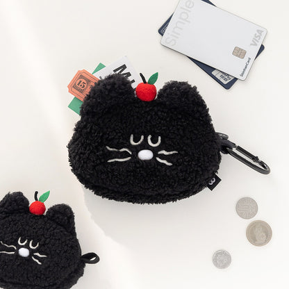 ブランチブラザー 韓国猫キャラクター カードケース ふわふわブークレ素材 猫デザイン 小さなりんご付き 可愛いコンパクト財布