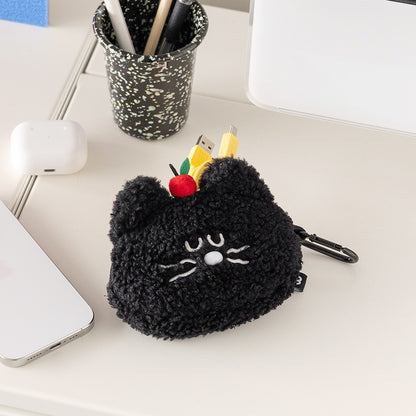 ブランチブラザー 韓国猫キャラクター カードケース ふわふわブークレ素材 猫デザイン 小さなりんご付き 可愛いコンパクト財布