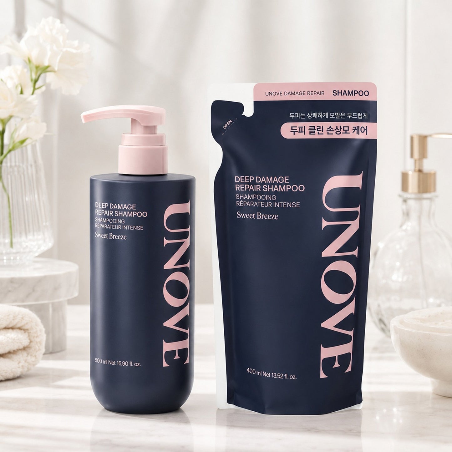UNOVE アノブ ディープダメージリペアシャンプー スイートブリーズ 本体500ml＋詰め替え400ml 合計900ml 2点セット リフィル 大容量 ダメージケア 韓国シャンプー