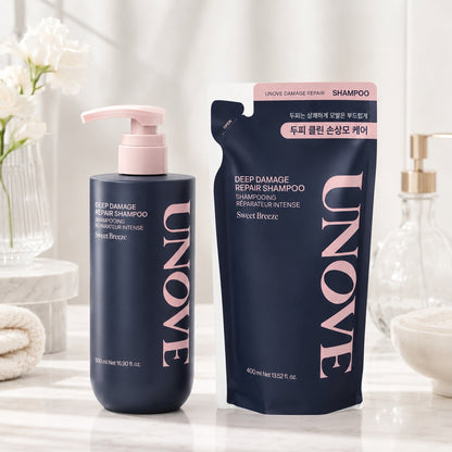 UNOVE アノブ ディープダメージリペアシャンプー スイートブリーズ 本体500ml＋詰め替え400ml 合計900ml 2点セット リフィル 大容量 ダメージケア 韓国シャンプー