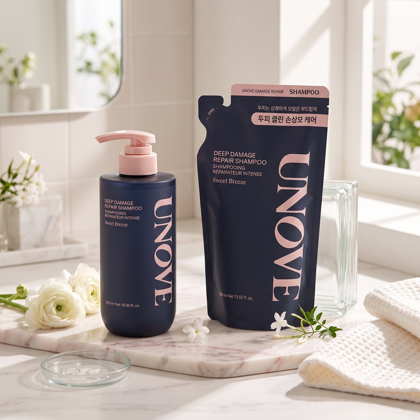 UNOVE アノブ ディープダメージリペアシャンプー スイートブリーズ 本体500ml＋詰め替え400ml 合計900ml 2点セット リフィル 大容量 ダメージケア 韓国シャンプー