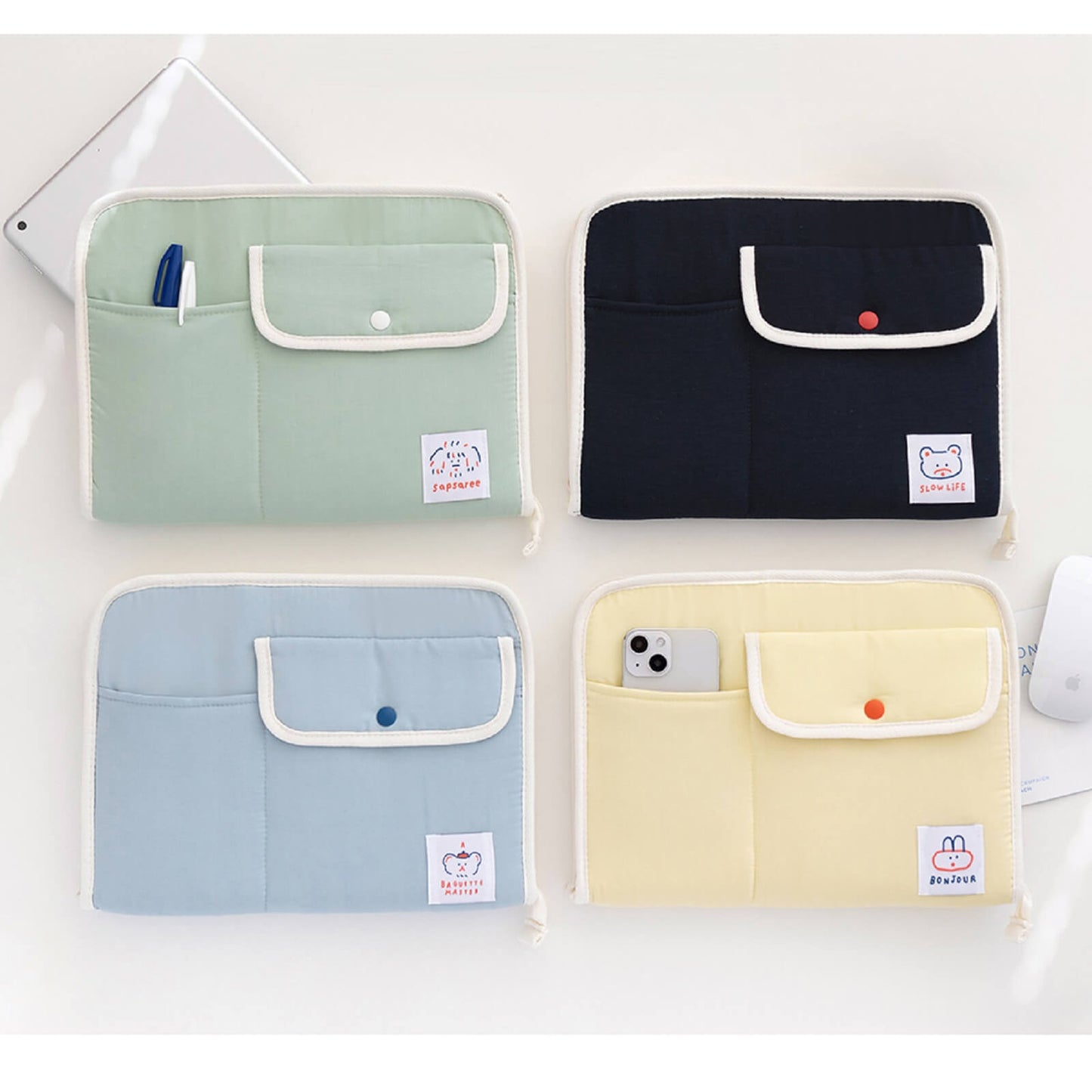 ブランチブラザー韓国キャラクターイラストラベル iPad 11インチ互換タブレット ポーチケース 保護バッグ ハンドストラップスナップボタンパステルカラー